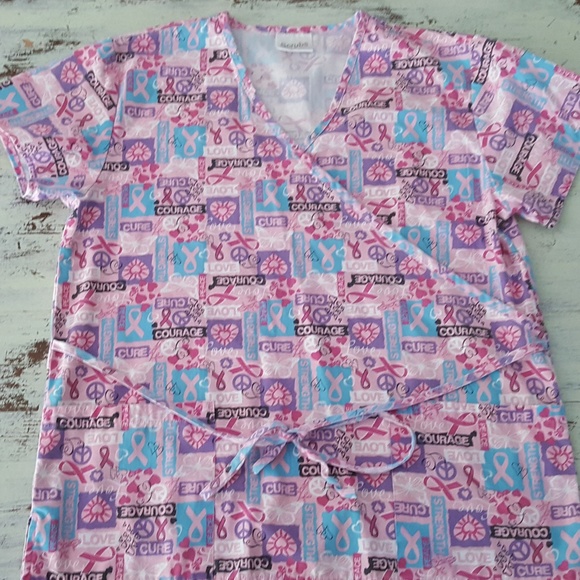 Pink Ribbon Breast Cancer Awareness Scrub Top Med - Picture 2 of 2